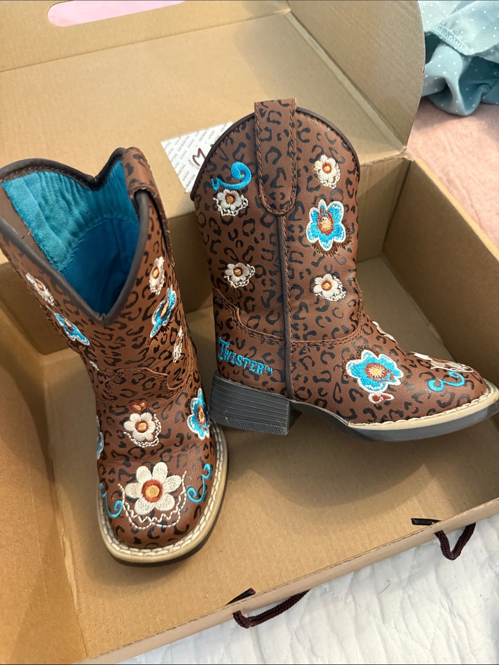 Brown Floral Embroidered Kids Western Boots - Teal Accents
